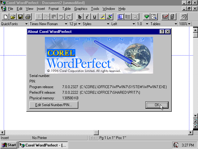Corel WordPerfect 7.0 for Windows 95 - Splash